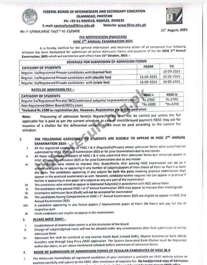 FBISE 2nd Annual Fee Structure